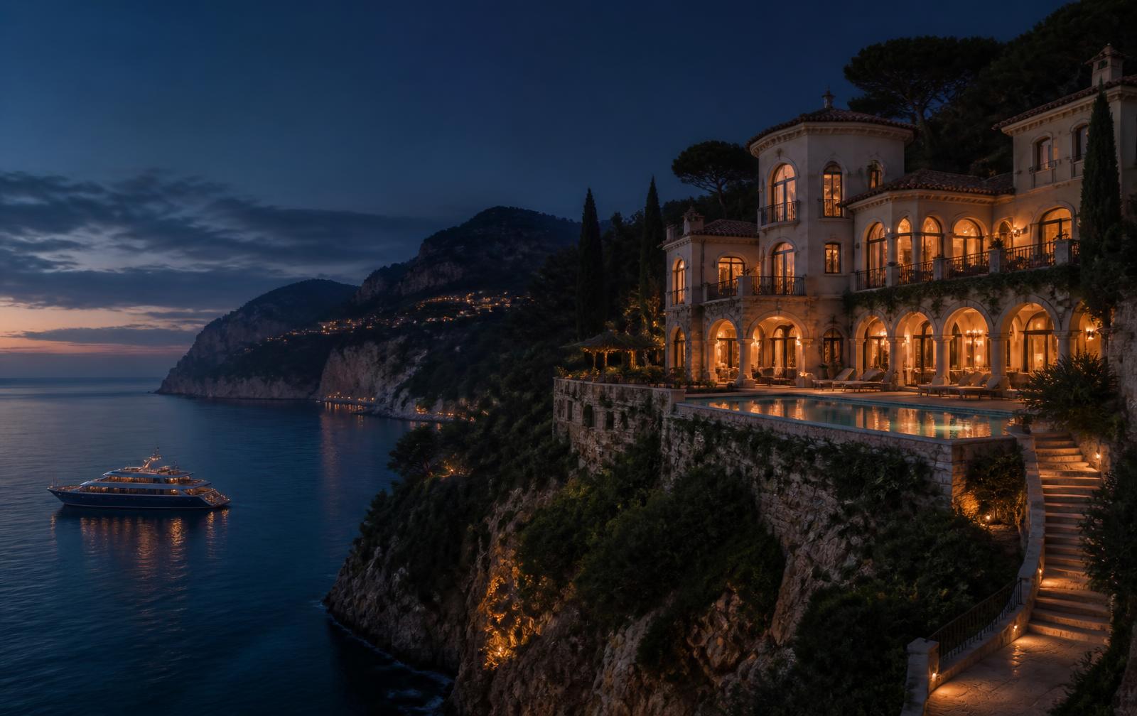 Cliffside luxury villa at dusk with a yacht moored in the bay below